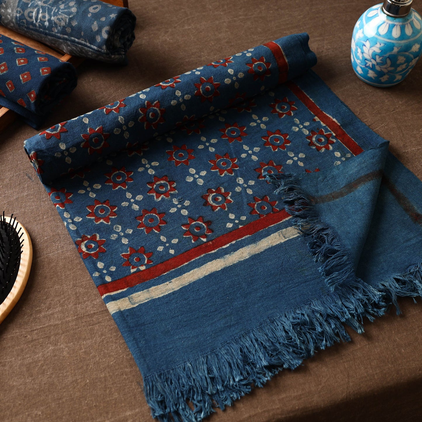Blue Akola Block Printed Pure Handloom Cotton Towel 