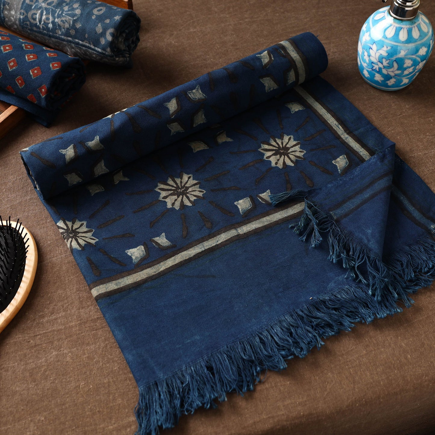 Blue Akola Block Printed Pure Handloom Cotton Towel 
