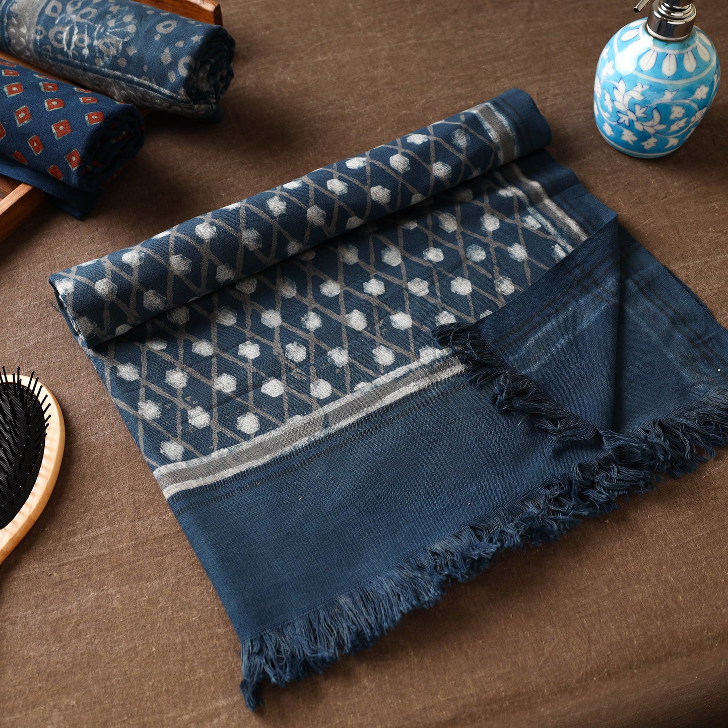 Blue Akola Block Printed Pure Handloom Cotton Towel 