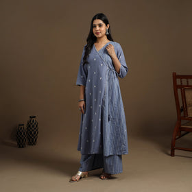 Angrakha Cotton Gota Work Blue Jacquard Kurta with Palazzo Set