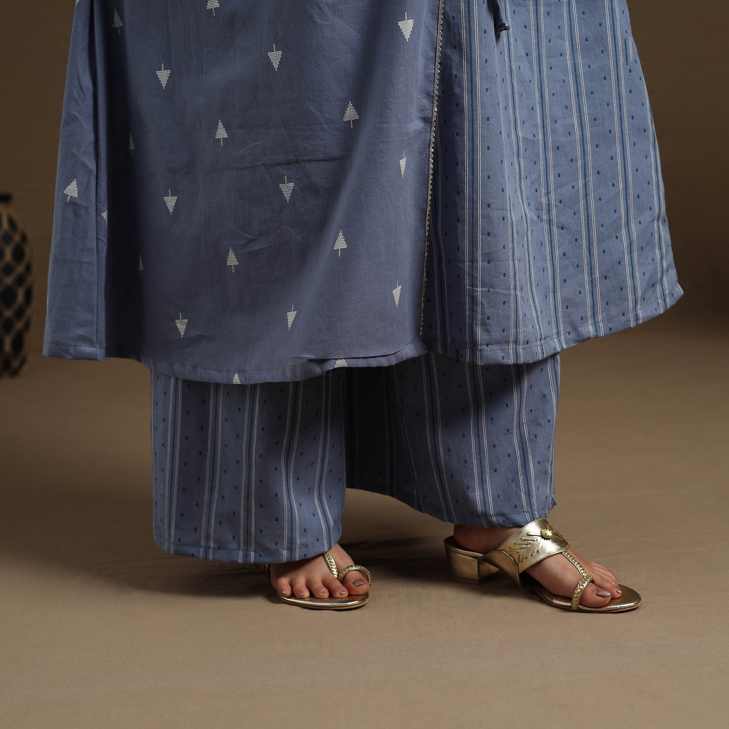 Angrakha Cotton Gota Work Blue Jacquard Kurta with Palazzo Set