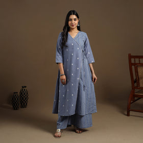Angrakha Cotton Gota Work Blue Jacquard Kurta with Palazzo Set