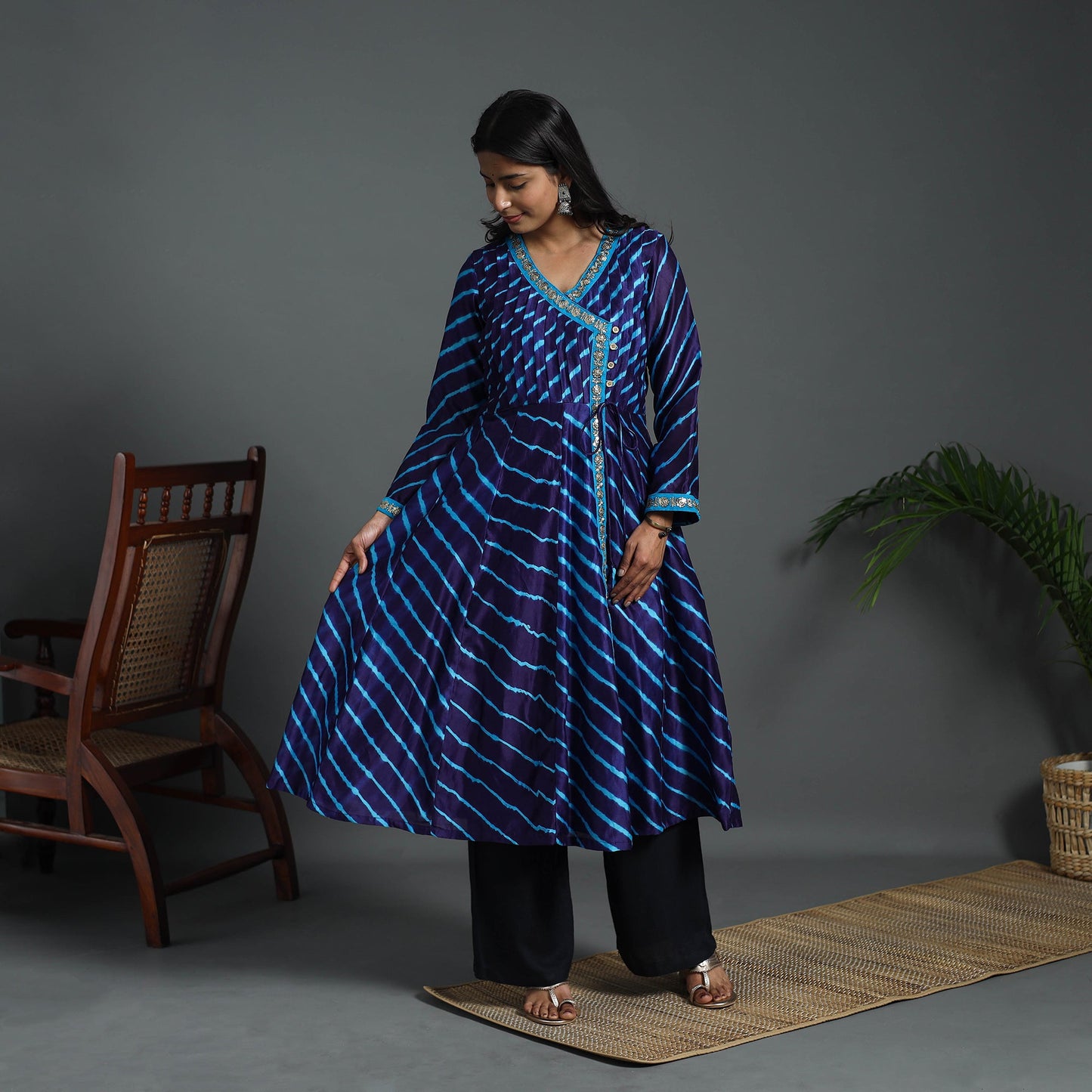 Angrakha Blue Handloom Chanderi Silk Tie-Dye Leheriya Kurta for Women