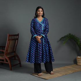 Angrakha Blue Handloom Chanderi Silk Tie-Dye Leheriya Kurta for Women
