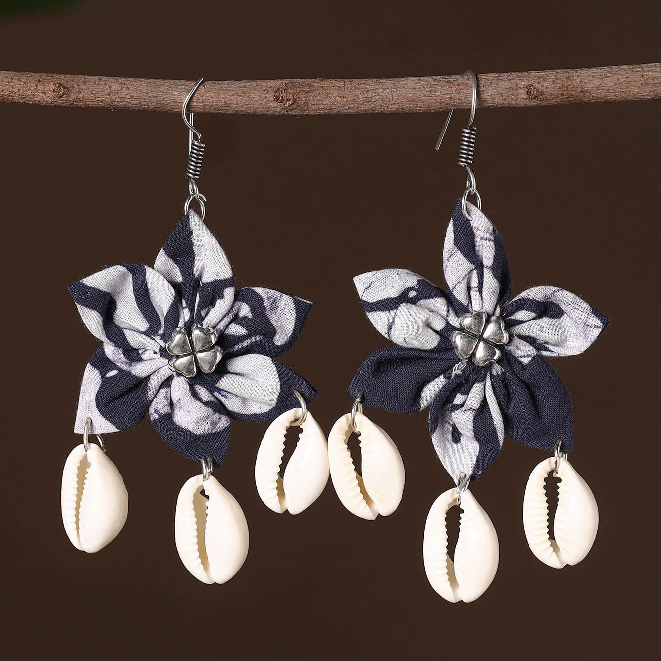 Blue - anika fabart phool kali shell earrings - handcrafted