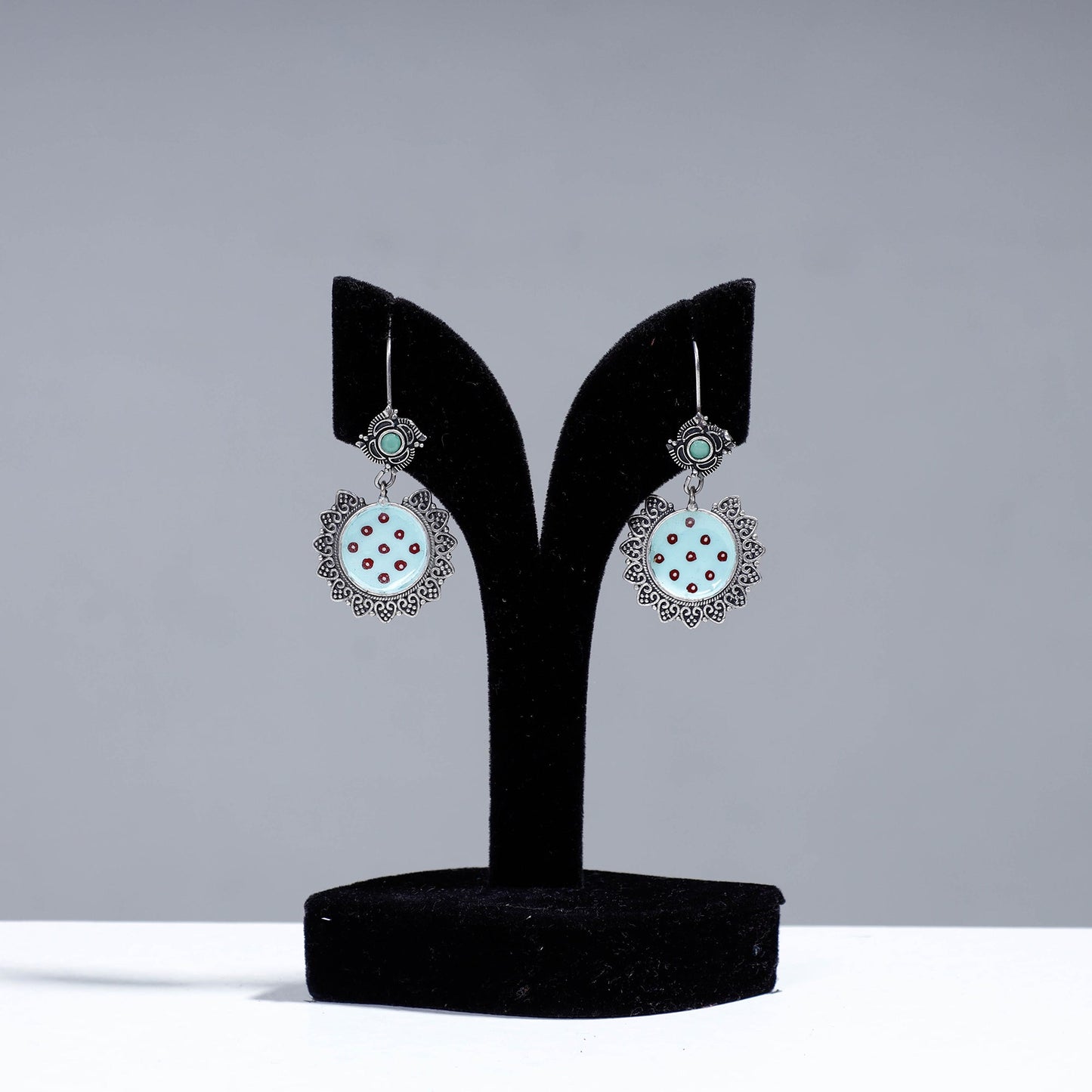 Buy Antique Silver Finish Oxidised Brass Base Enamel & Stone Work Earrings Online l iTokri.com