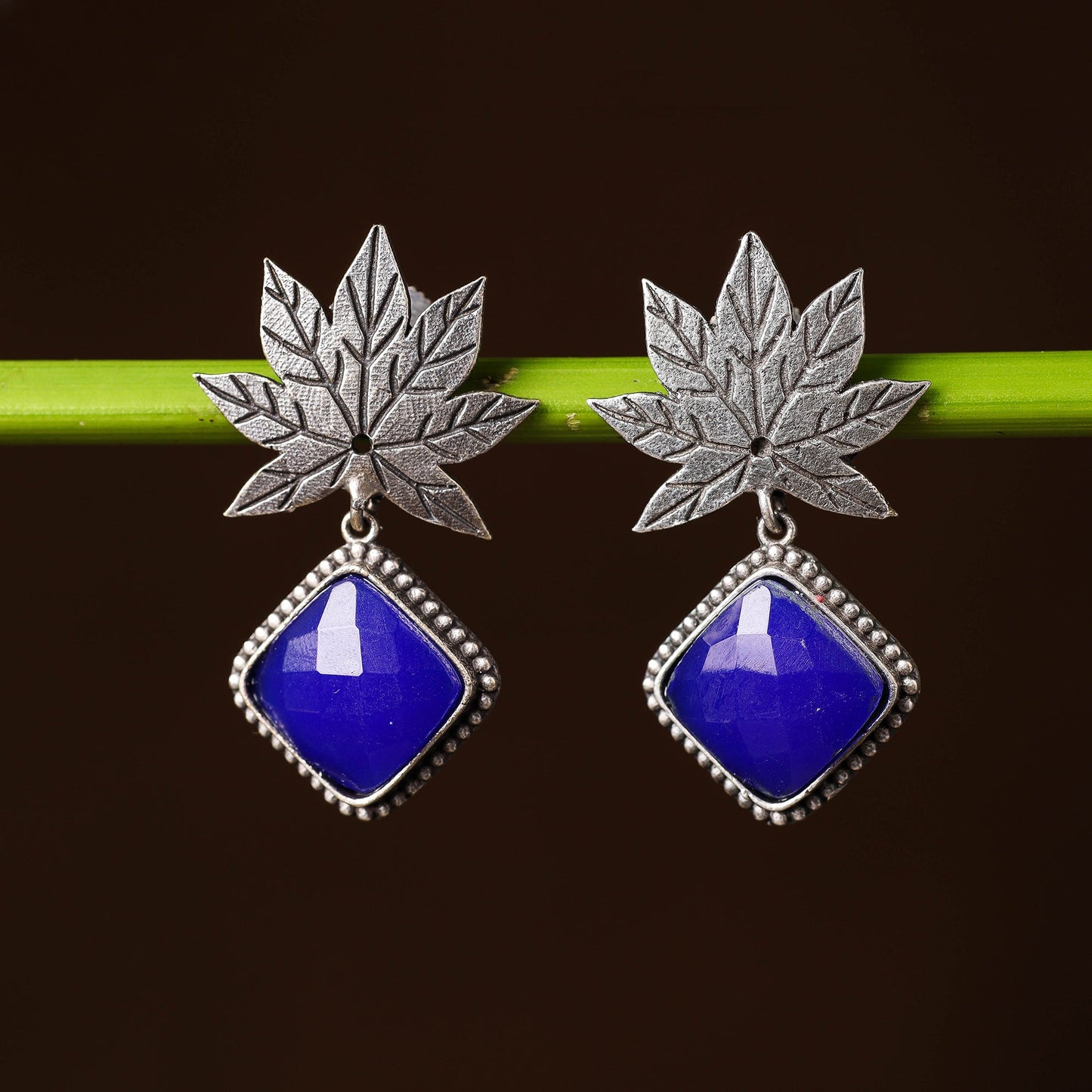  Antique Silver Finish Oxidised Brass Base Stone Work Earrings 