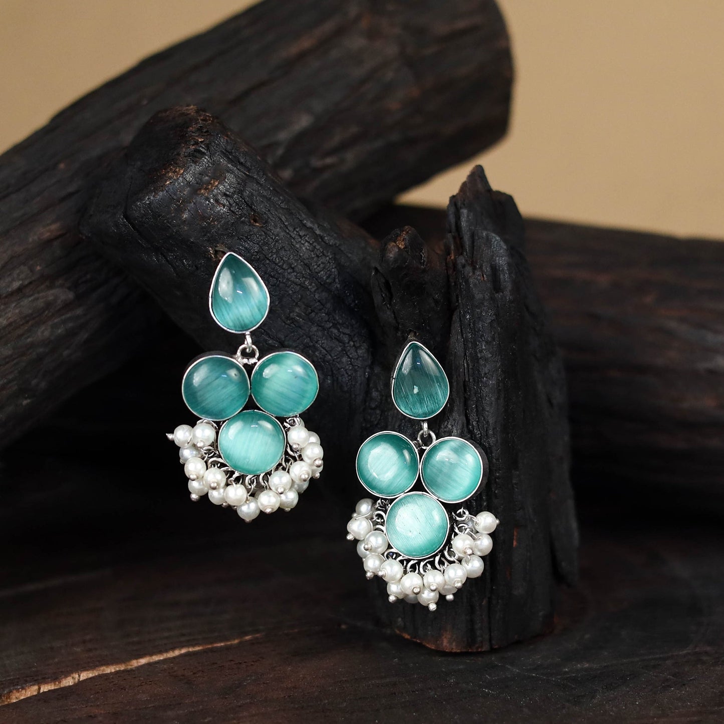 Blue - antique silver finish oxidised stone work earrings