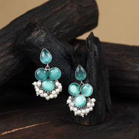 Blue - antique silver finish oxidised stone work earrings