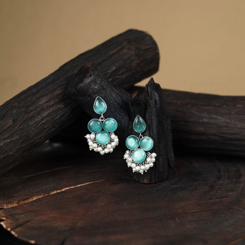 Blue - antique silver finish oxidised stone work earrings