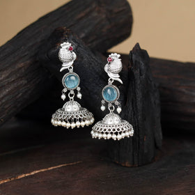 Blue - antique silver finish oxidised stone work jhumka
