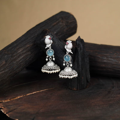 Blue - antique silver finish oxidised stone work jhumka