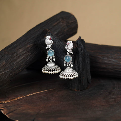 Blue - antique silver finish oxidised stone work jhumka