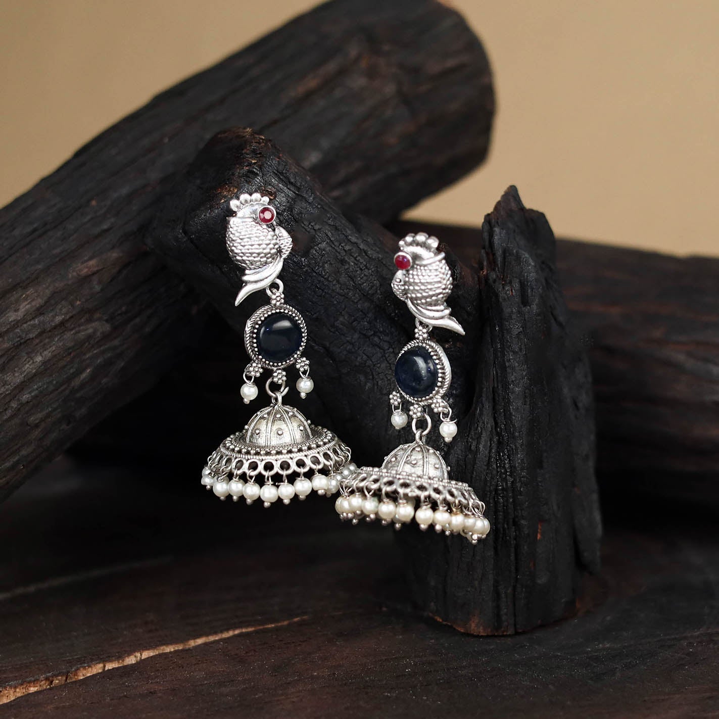 Blue - antique silver finish oxidised stone work jhumka