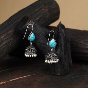 Blue - antique silver finish oxidised stone work jhumka
