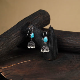 Blue - antique silver finish oxidised stone work jhumka