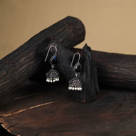 Blue - antique silver finish oxidised stone work jhumka
