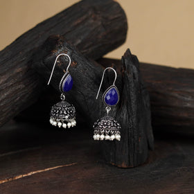 Blue - antique silver finish oxidised stone work jhumka