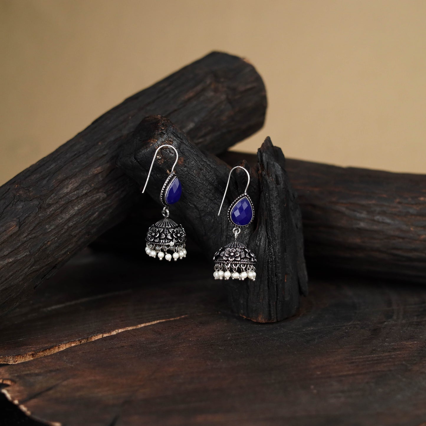 Blue - antique silver finish oxidised stone work jhumka