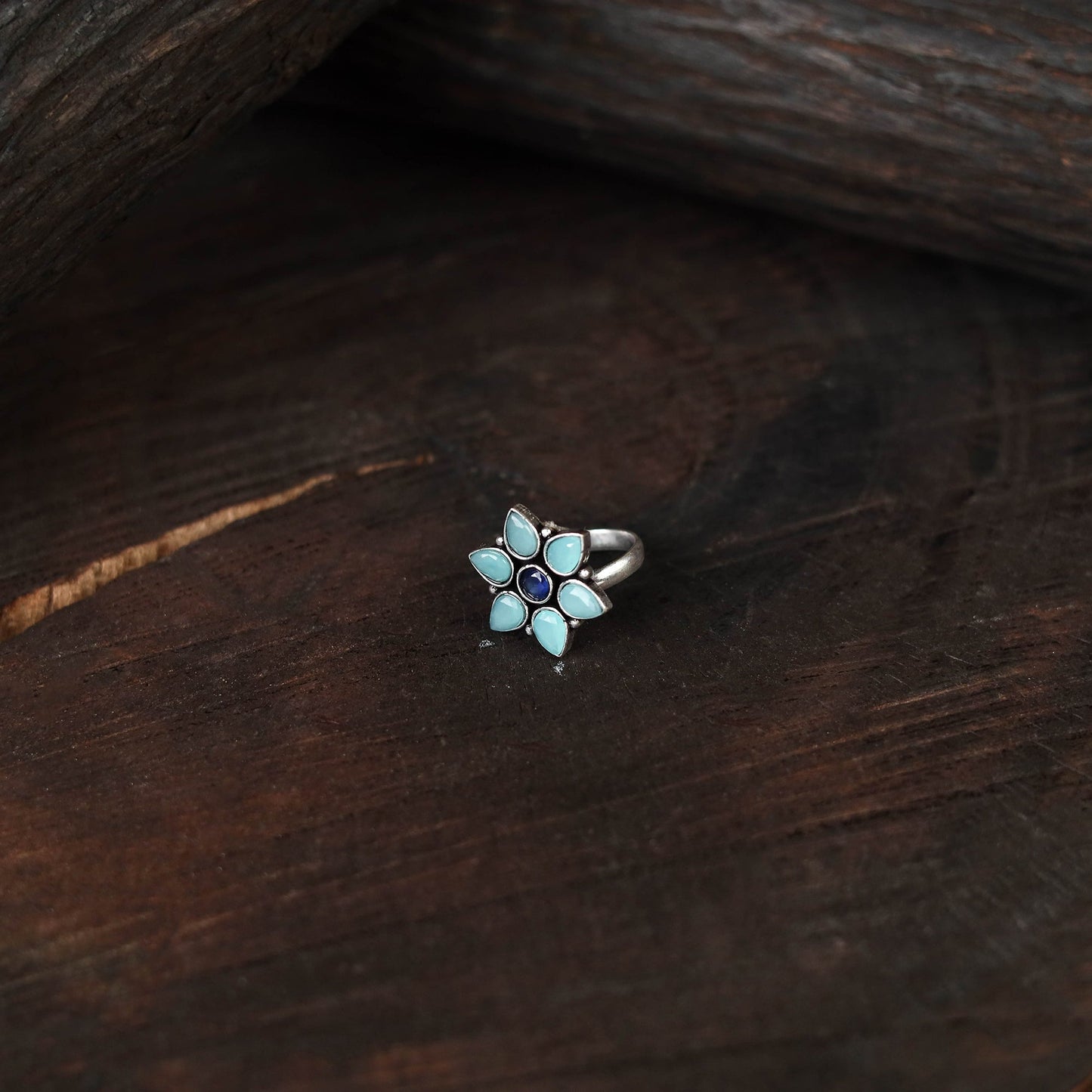 Blue - antique silver finish oxidised stone work ring 64