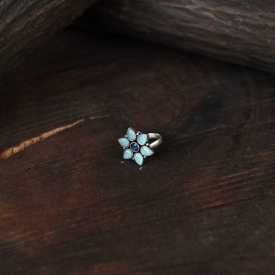 Blue - antique silver finish oxidised stone work ring 64