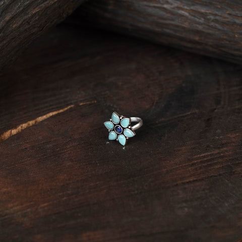 Blue - antique silver finish oxidised stone work ring 64