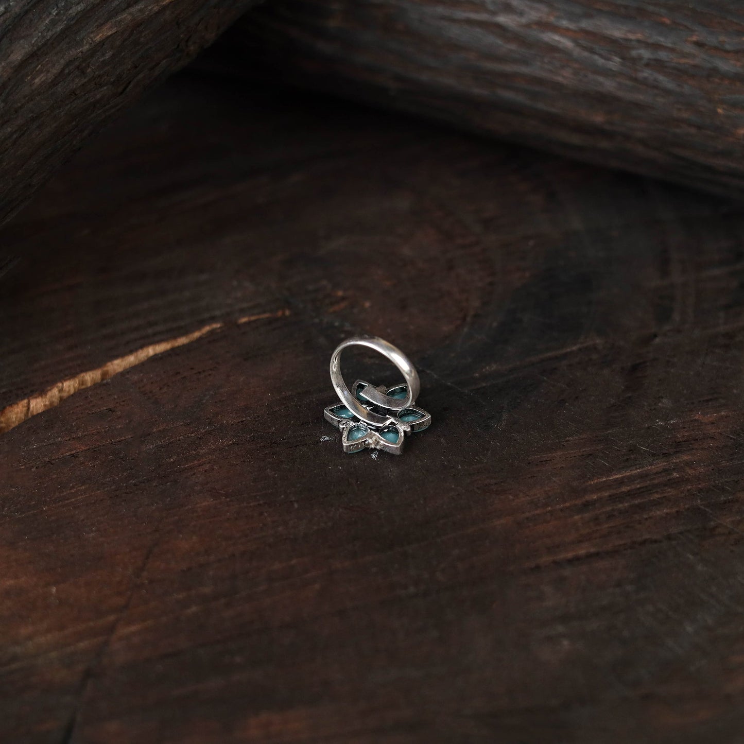 Blue - antique silver finish oxidised stone work ring 64