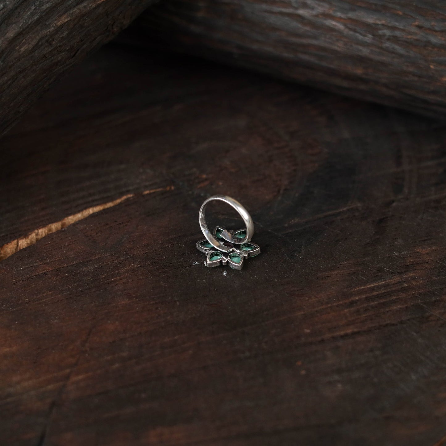 Blue - antique silver finish oxidised stone work ring 68