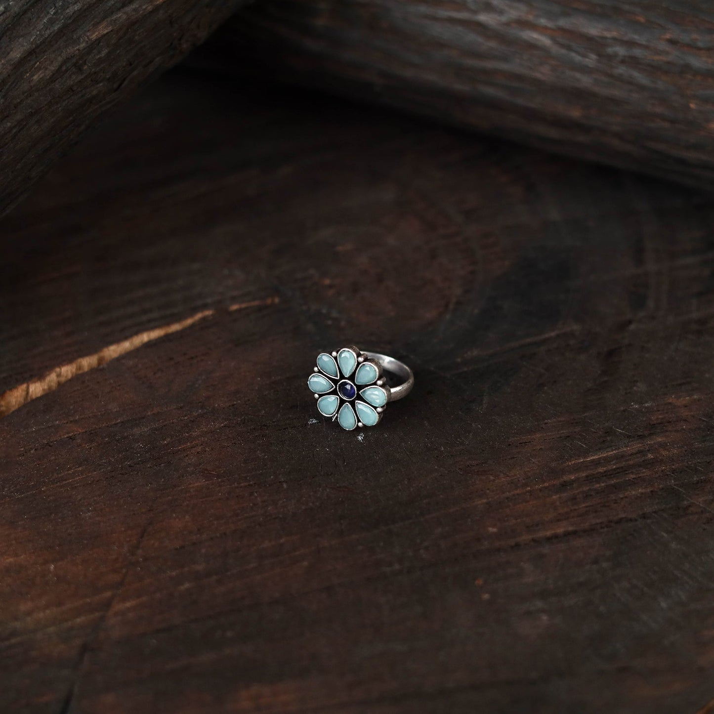 Blue - antique silver finish oxidised stone work ring 76