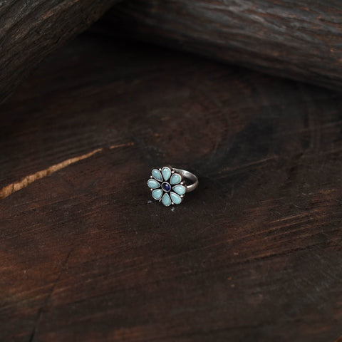 Blue - antique silver finish oxidised stone work ring 76