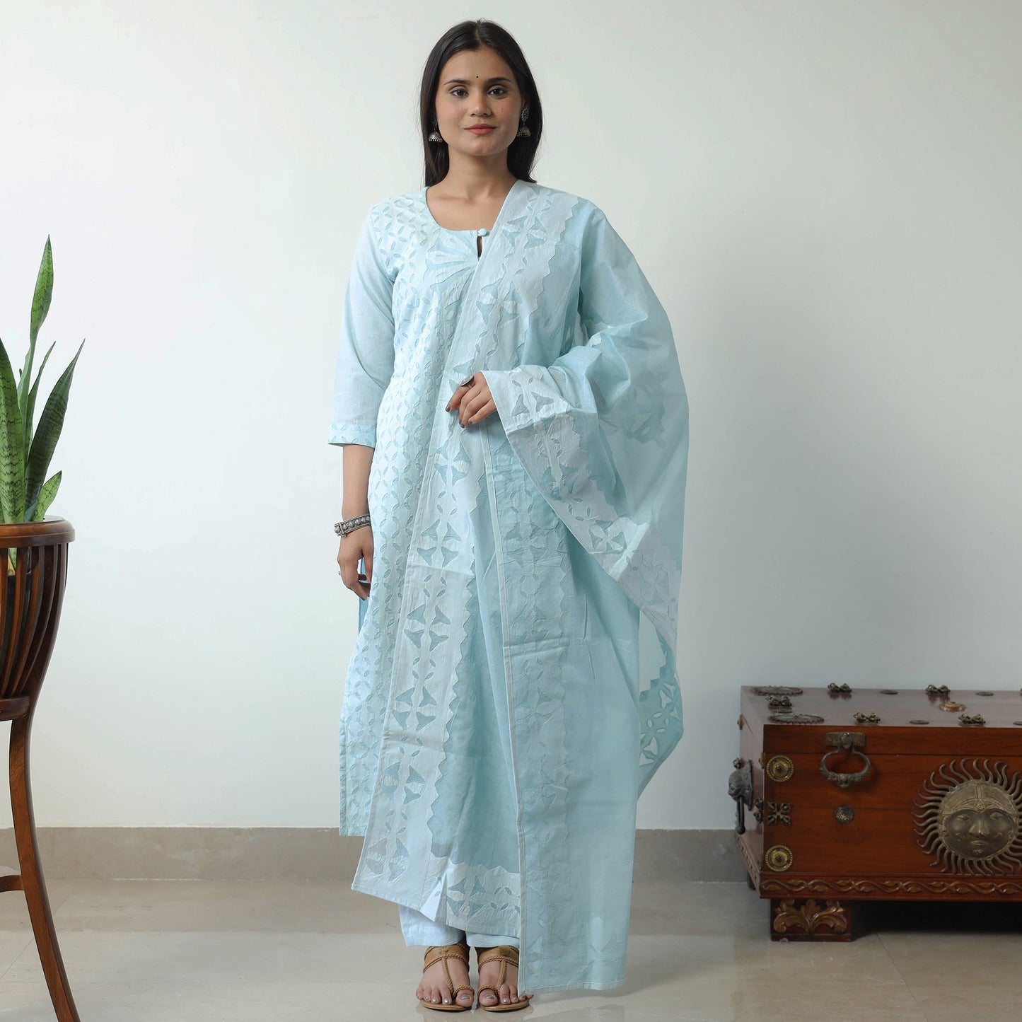  Applique Cut Work Cotton Kurta with Palazzo & Dupatta Set 04 