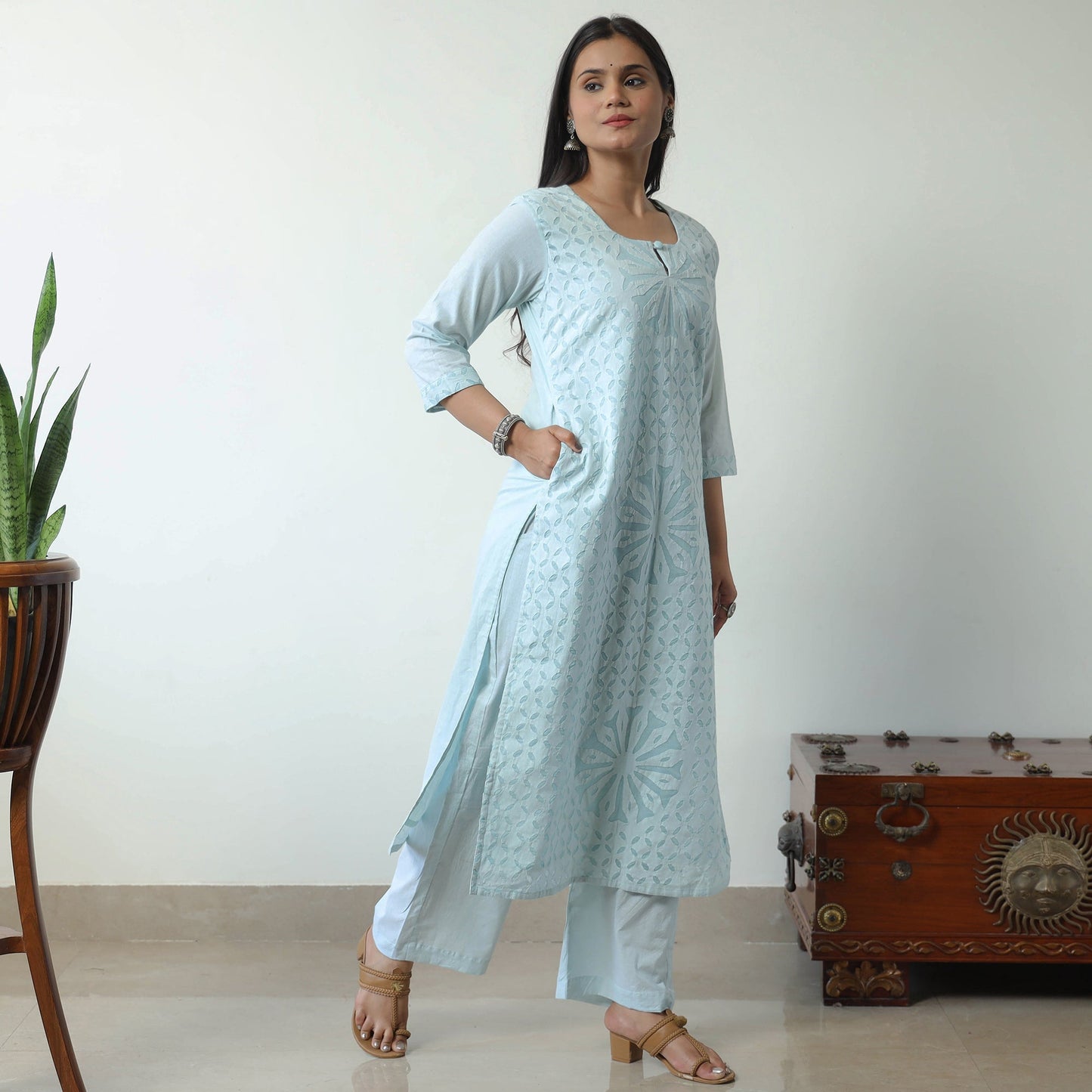 Applique Cut Work Cotton Kurta with Palazzo & Dupatta Set 04 
