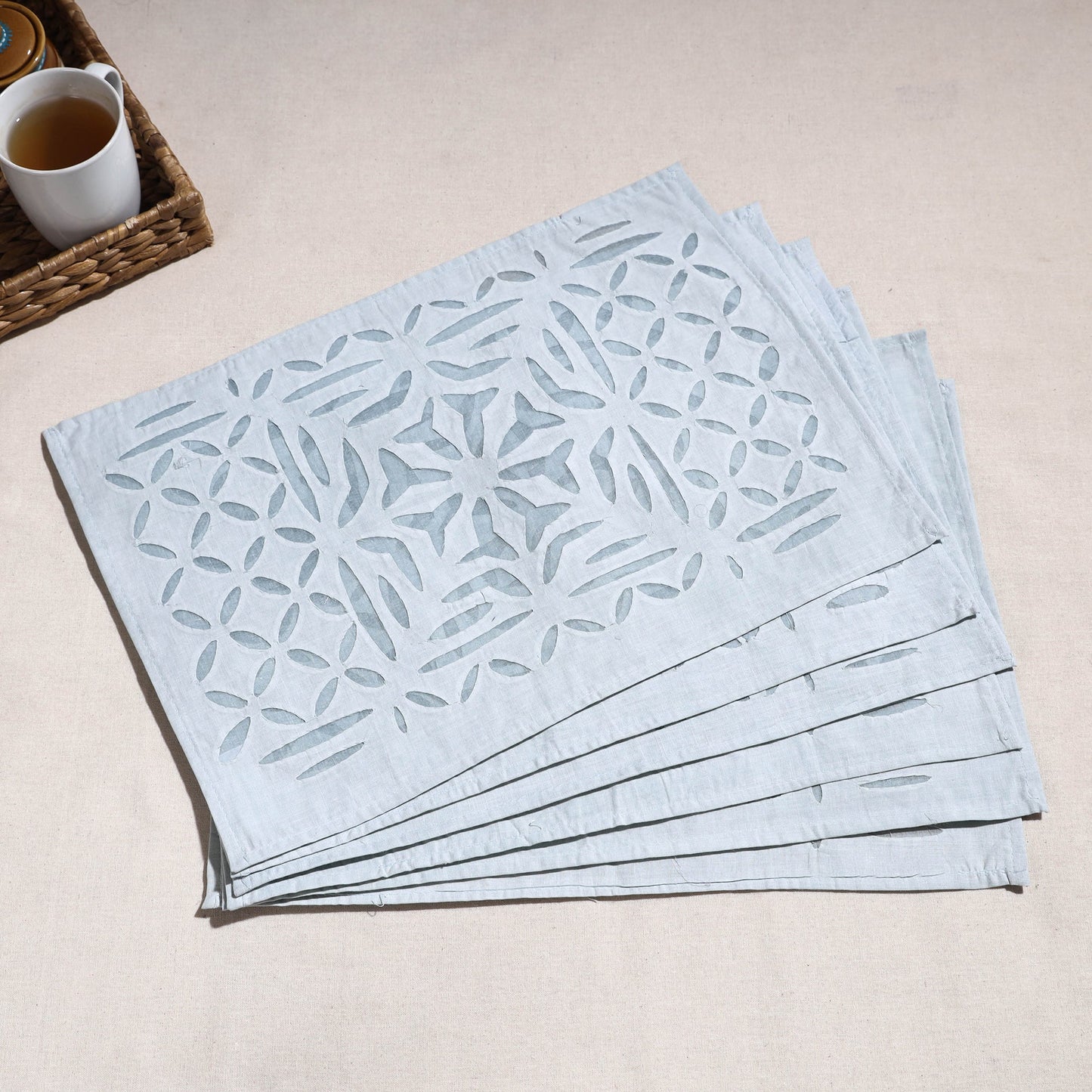  Blue Applique Cut Work Cotton Table Mats (set of 6)