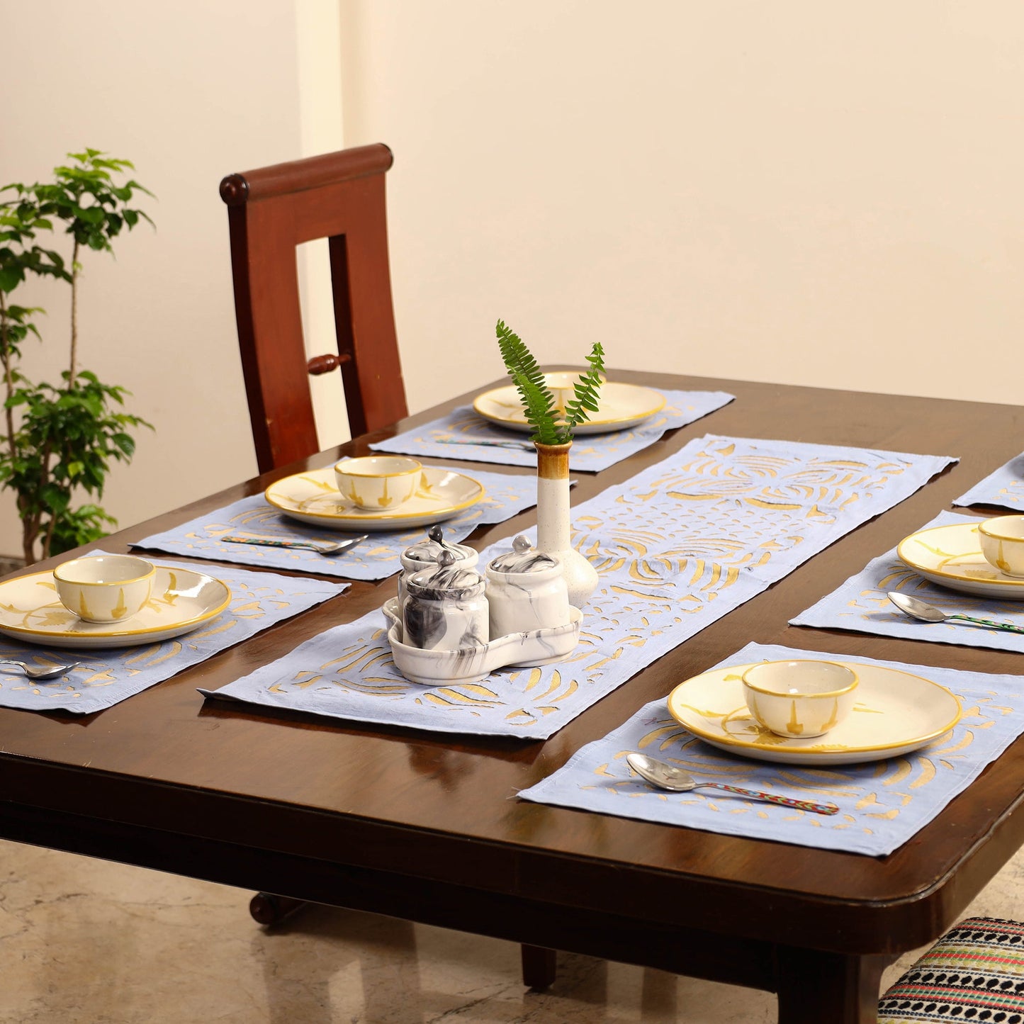 Blue - applique cut work table runner with mat set 10