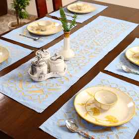 Exquisite Blue Applique Cotton Table Runner with Table Mat Set