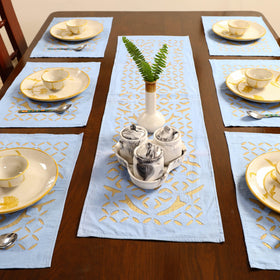 Exquisite Blue Applique Cotton Table Runner with Table Mat Set