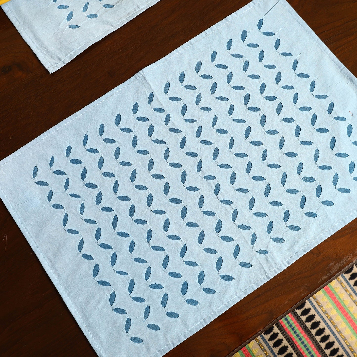 Exquisite Blue Applique Cotton Table Runner with Table Mat Set
