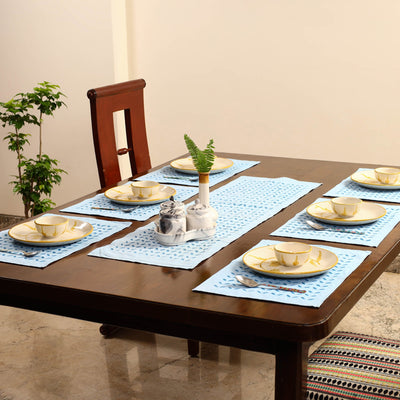 Exquisite Blue Applique Cotton Table Runner with Table Mat Set