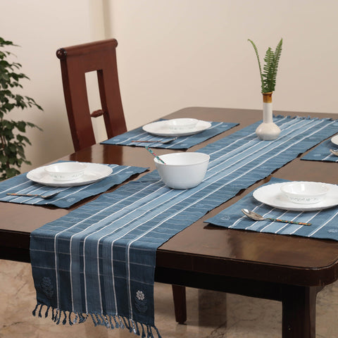 Blue Assam Weave Dining Table Runner & Set of 4 Placemats in Handloom Cotton