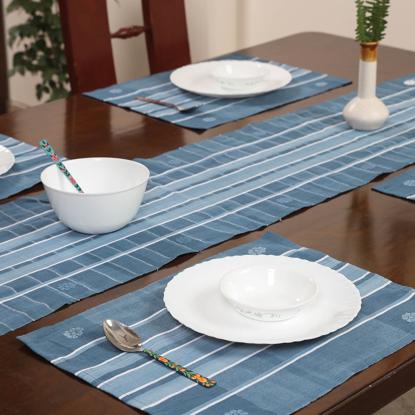 Blue Assam Weave Dining Table Runner & Set of 4 Placemats in Handloom Cotton