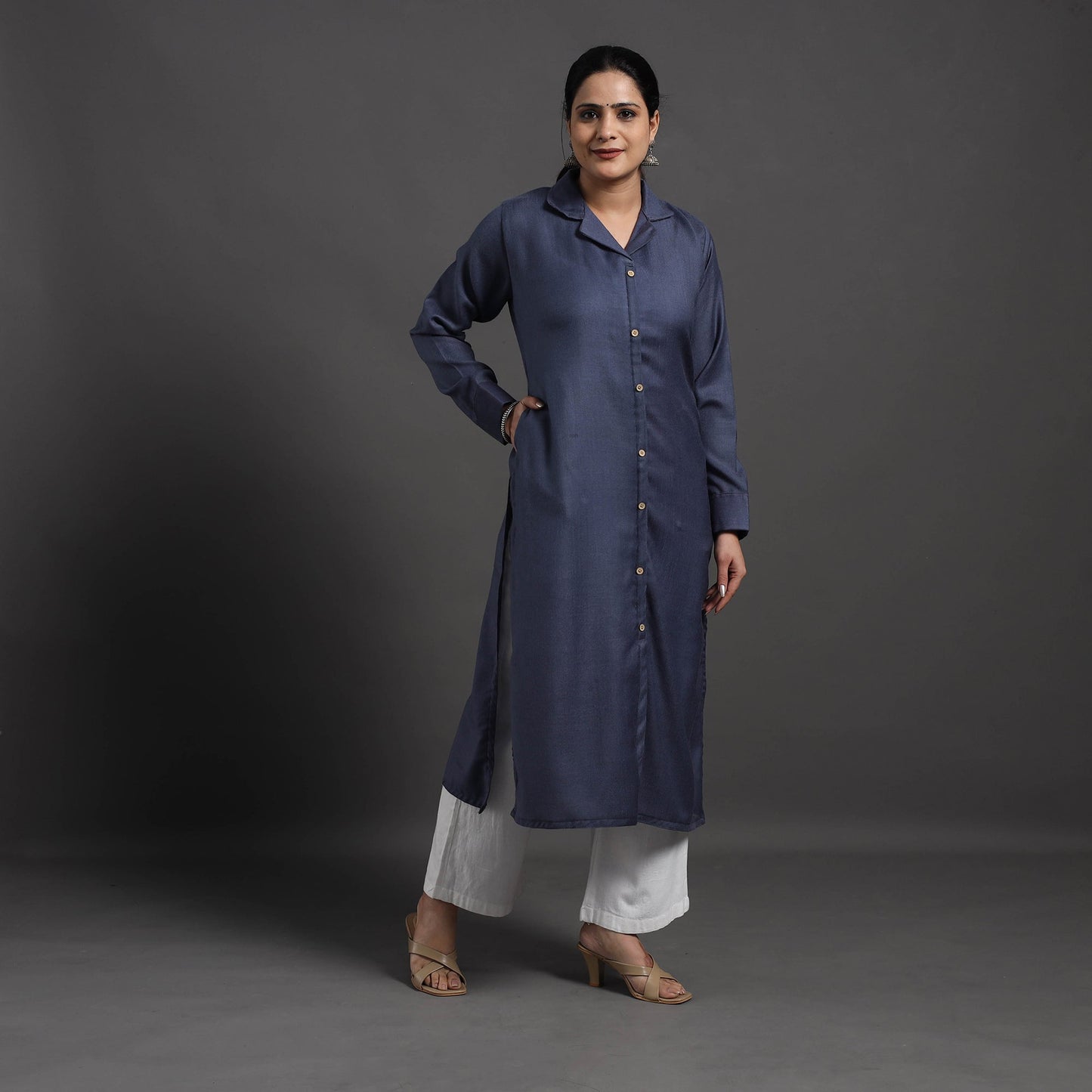 Blue Plain Merino Woolen Kurta for Women