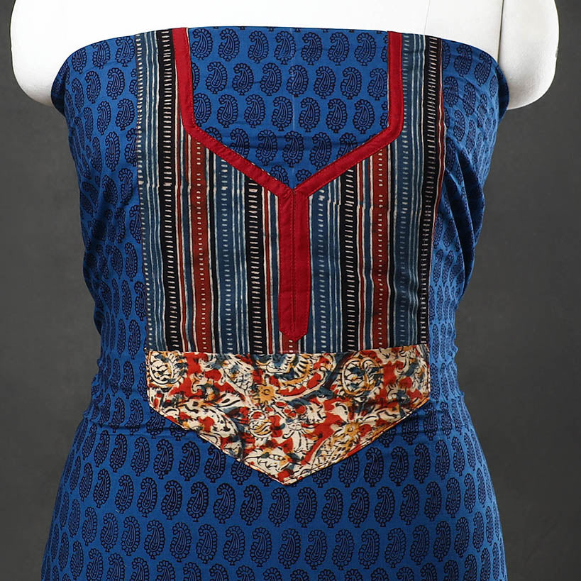 Blue - bagh cotton unstitched kurta material with patchwork