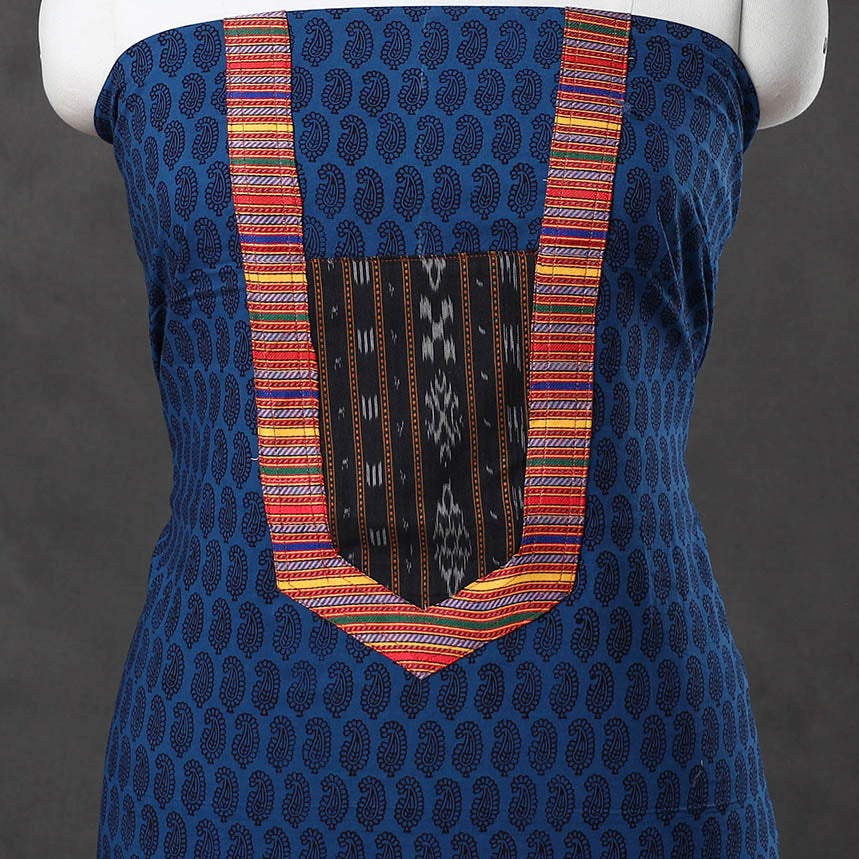 Blue - bagh cotton unstitched kurta material with patchwork