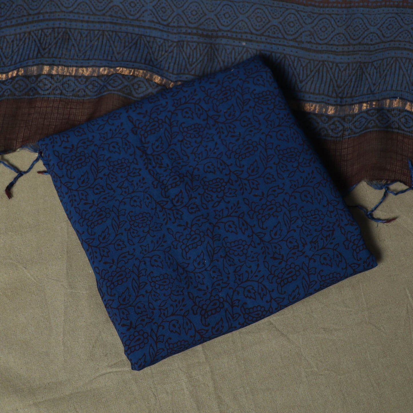 Bagh hand block print natural dyed kota doria cotton 3pc