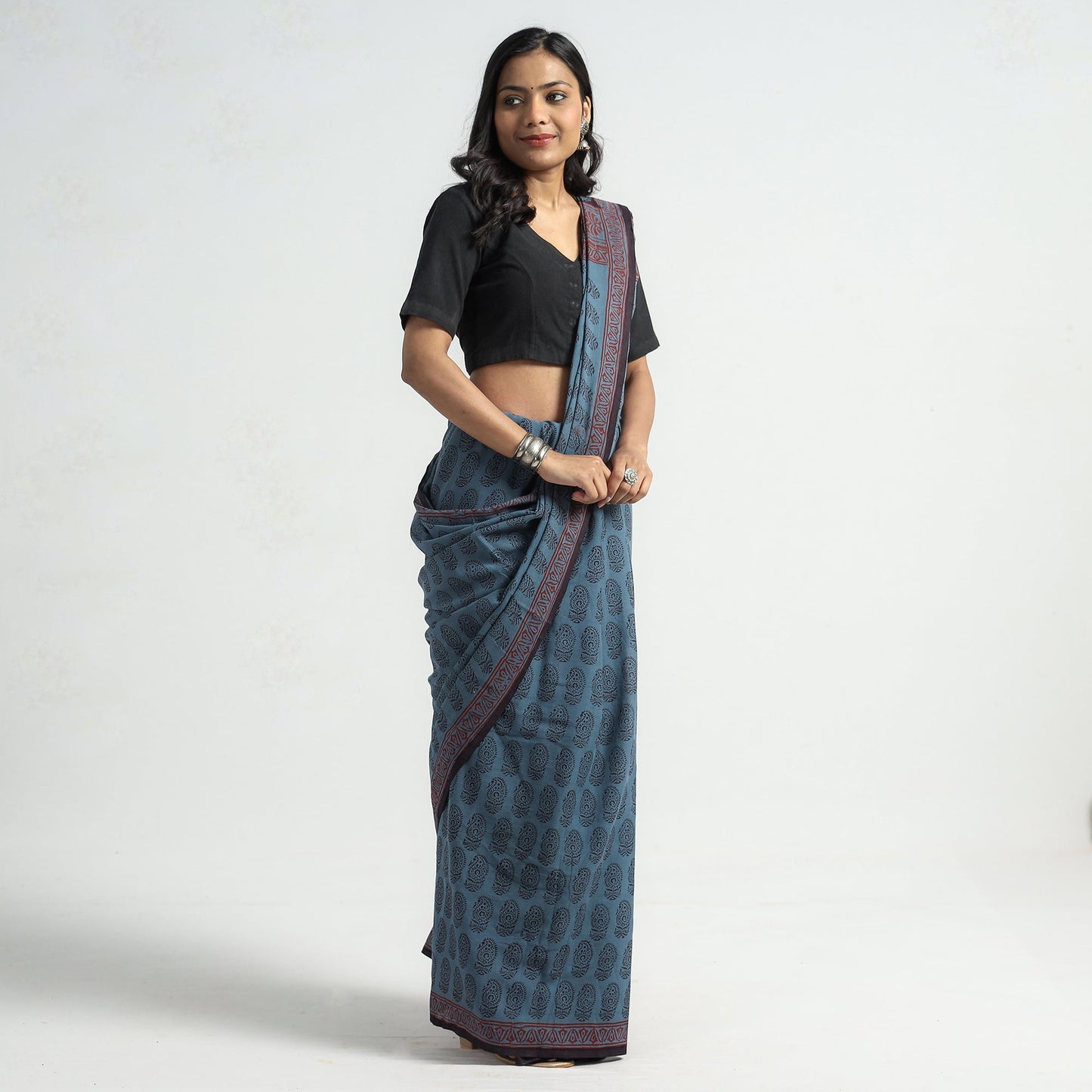 Blue Bagh Hand Block Printed Natural Dyed Cotton Saree 