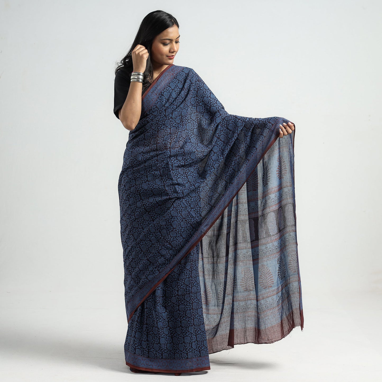 Blue - Bagh Hand Block Printed Cotton Saree