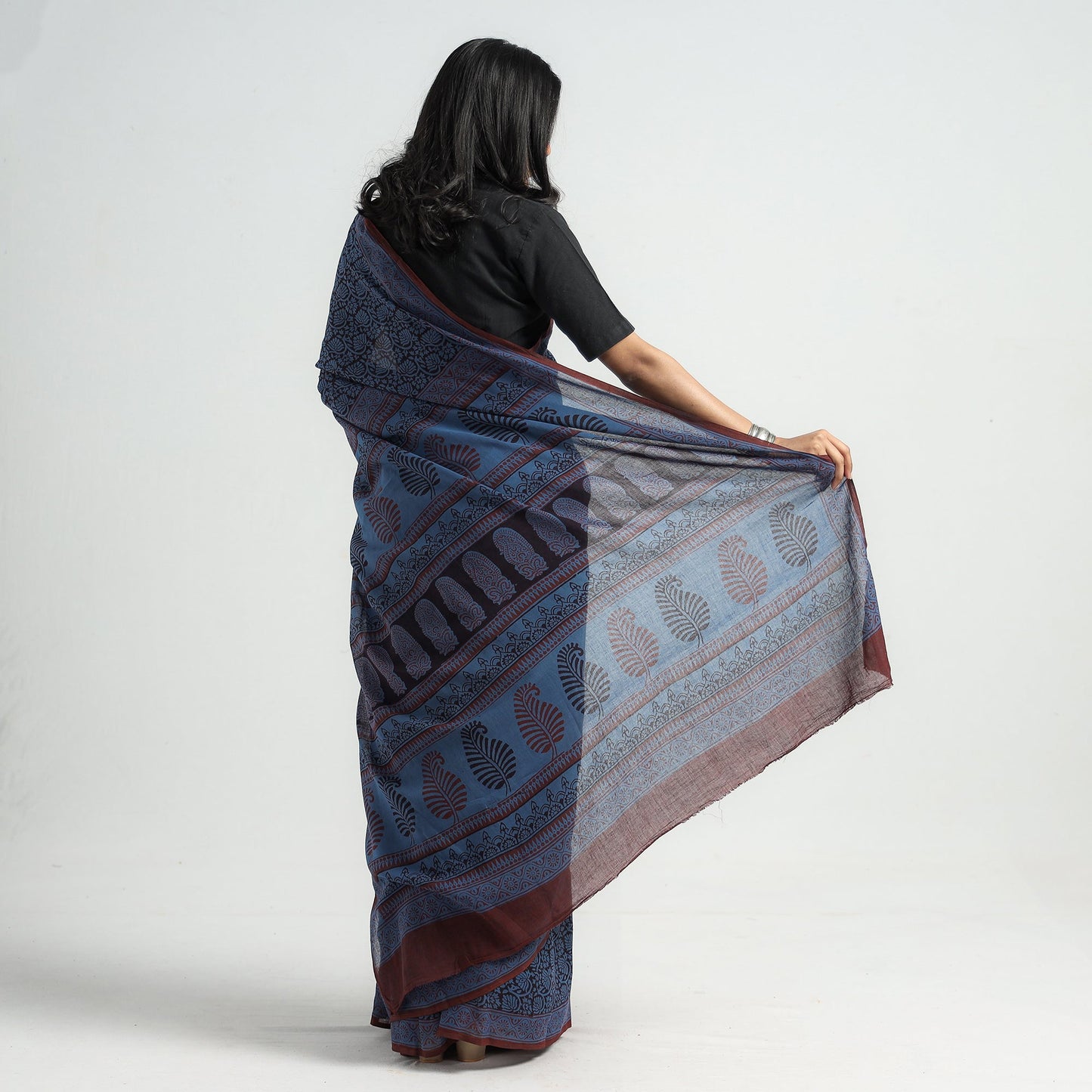 Blue - Bagh Hand Block Printed Cotton Saree