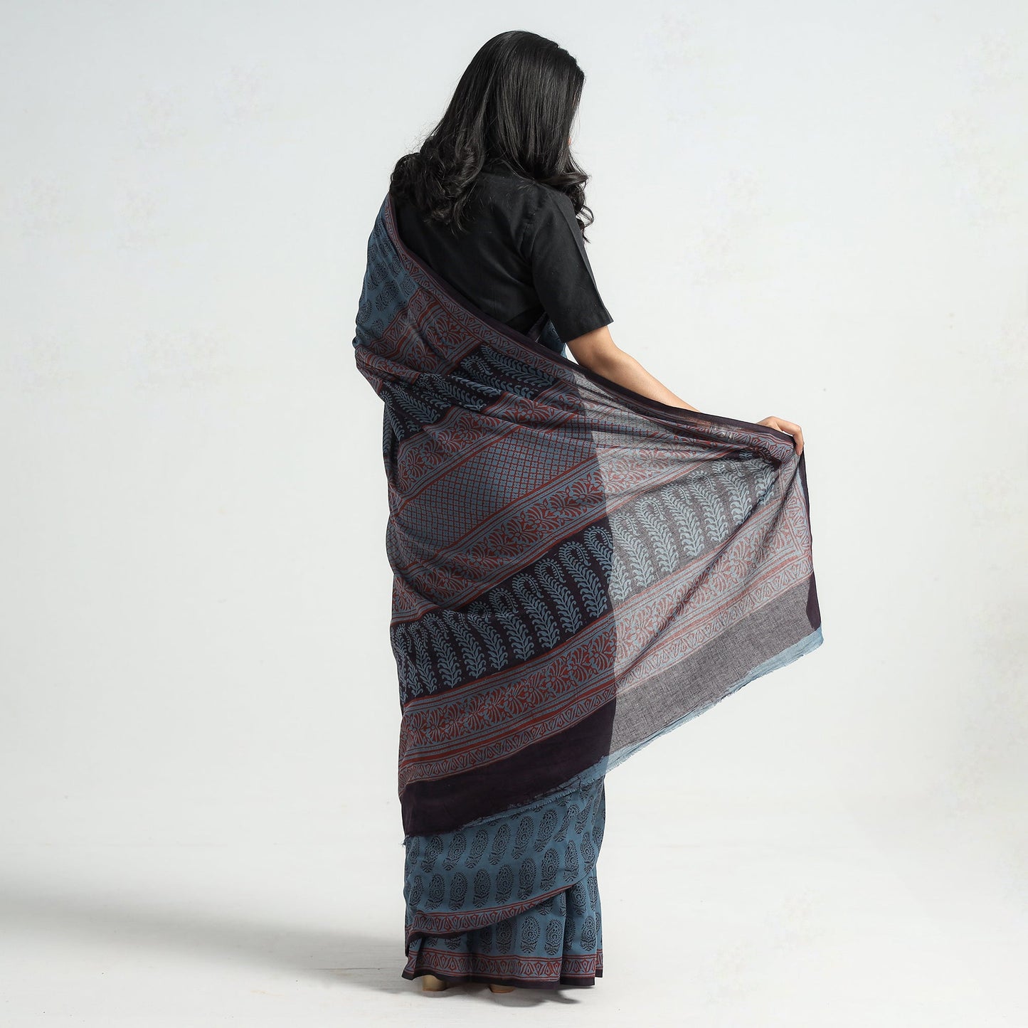 Blue Bagh Hand Block Printed Natural Dyed Cotton Saree 