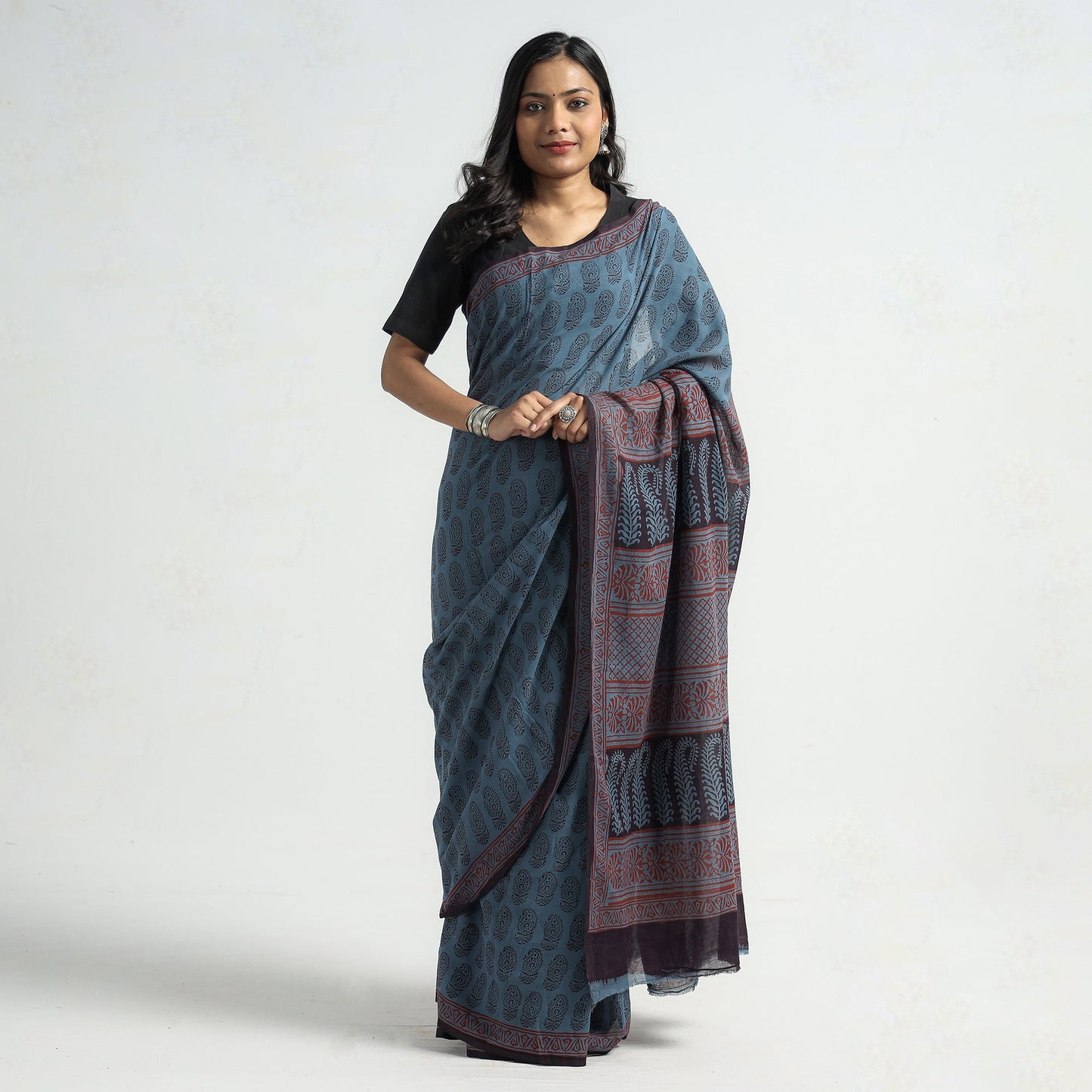 Blue Bagh Hand Block Printed Natural Dyed Cotton Saree 