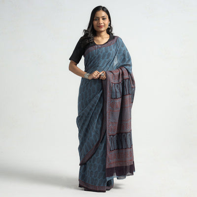 Blue Bagh Hand Block Printed Natural Dyed Cotton Saree 